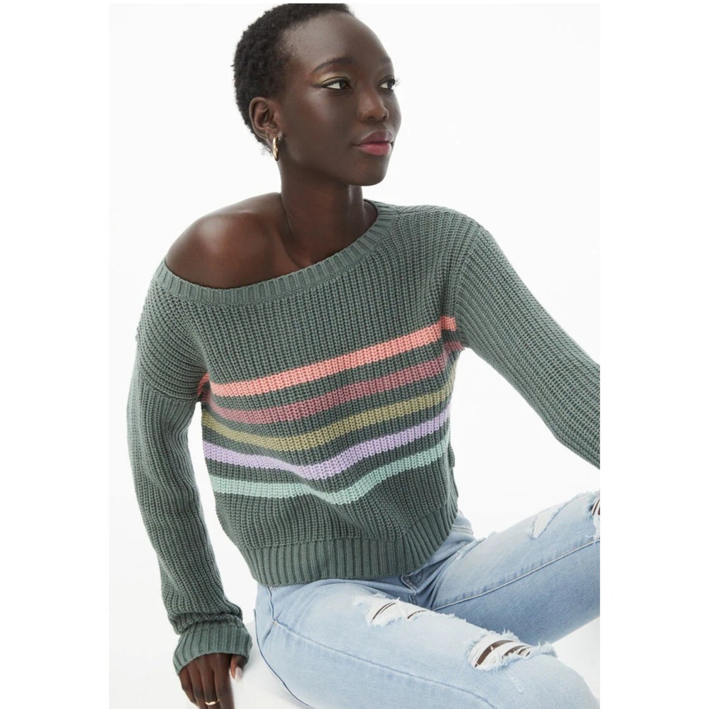 Aeropostale Striped Cropped Boat Crewneck Pullover Boxy‎ Women's Sweater XS Y2K